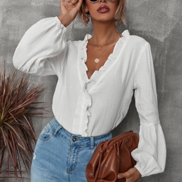 BellanBlue Tops - Bohemian White Ruffle Casual Blouse Minimalist